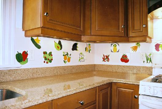 FRUIT TILES and VEGETABLE TILES KITCHEN BACKSPLASH COMBINED WITH DALTILE WHITE BACKGROUND TILES 